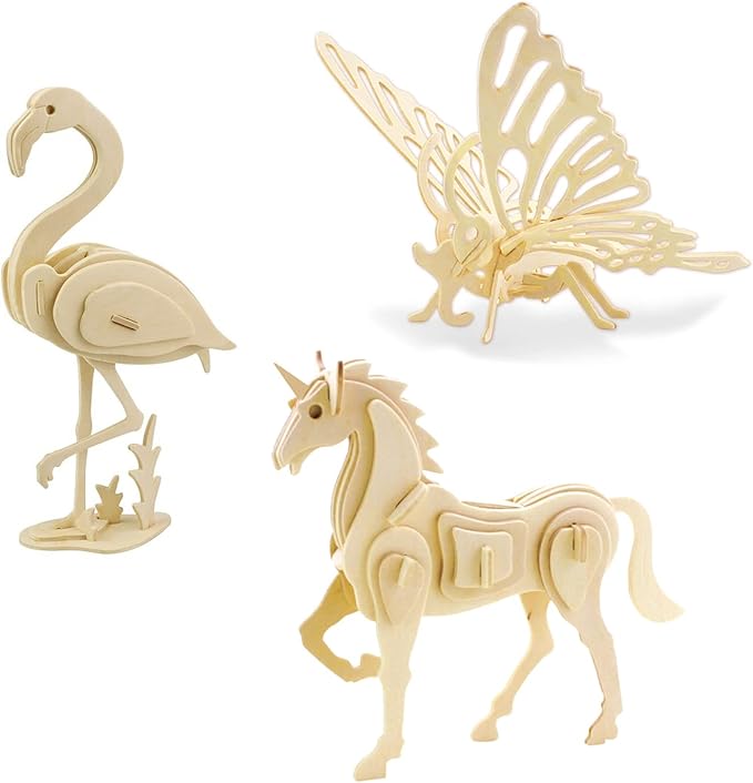 Georgie Porgy 3D Wooden Puzzles for Kids Toys Construction Woodcraft Kits DIY Model Puzzle Kits Birthday Gifts Pack of 3 (Butterfly Unicorn Flamingo)