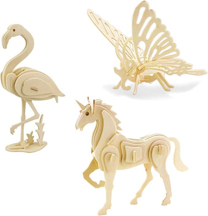 Georgie Porgy 3D Wooden Puzzles for Kids Toys Construction Woodcraft Kits DIY Model Puzzle Kits Birthday Gifts Pack of 3 (Butterfly Unicorn Flamingo)