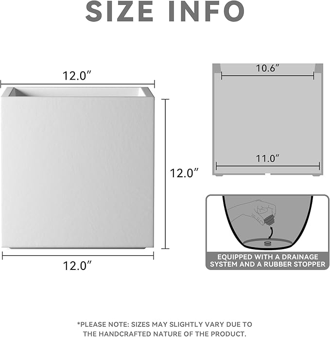 Kante 12 Inch Square Concrete Planter for Outdoor Indoor Home Patio Garden, Large Plant Pot with Drainage Hole and Rubber Plug, Pure White