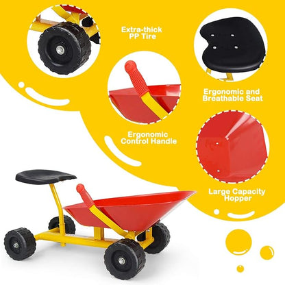 Costzon Kids Ride-on Sand Dumper, Children Outdoor Sandbox Toy w/Ergonomic Handle & 4 Wheels, Heavy Duty Steel Digging Metal Garden Play Tool for Boys Girls, Kids Wheelbarrow (Red)