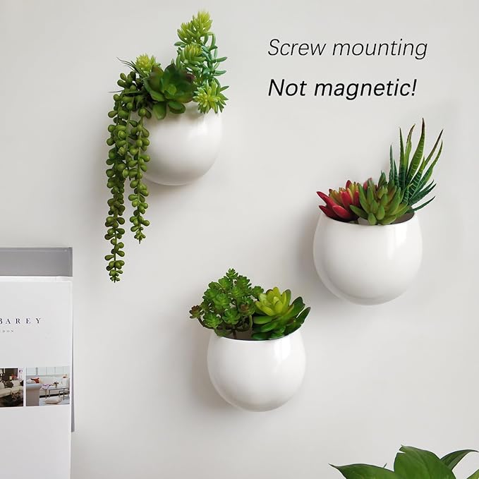 Mkono Wall Planter with Artificial Plants, Decorative Potted Fake Succulents Picks Assorted Faux Succulent in Modern Ceramic Hanging Plant Pot Vase for Home Decor, Set of 3