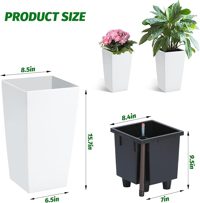 16" Tall Planters Set of 2, Outdoor＆Indoor Black Planter Pots, High Front Porch Planter Pots with Drainage Holes＆Water Level Monitor＆Inner Bucket, Automatic Watering,White