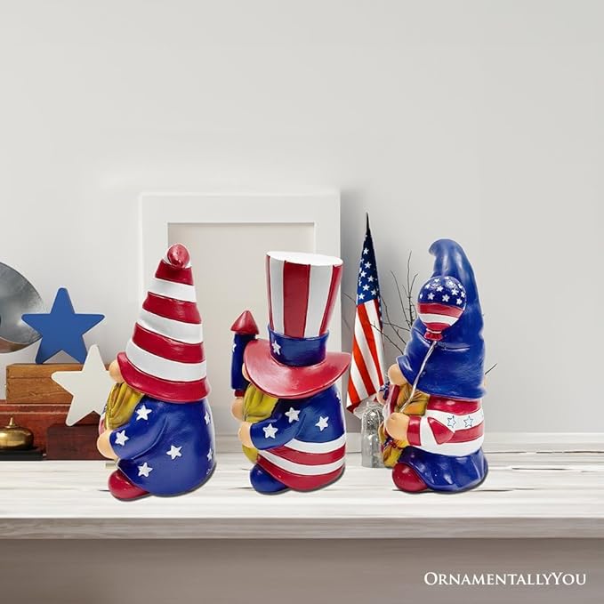 Spring & Summer-Themed Garden Statues – Adorable Outdoor Decor for Lawn, Patio & Porch (Patriotic Gnome Trio Figurines, 6" Set of Three Garden Statues and July 4th Decoration)