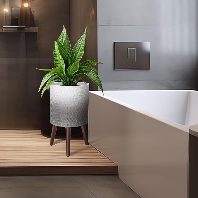 12 Inches Indoor Plant Pot with Walnut Color Stand Honeycomb Embossed Flower Pot with Drainage Holes Large Modern Planters for Indoor Plants-Gradient White Gray