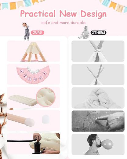 6 Pack Teepee Tent for Kids with Inflatable Airbed, Light, Toddler Tent Children Room Tents, Slumber Party Sleepover Tents, Indoor Outdoor Kids Playtent Playhouse for Girls & Boys