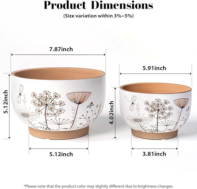 YBX 8 Inch + 6 Inch White&Terracotta Flower Pots, Succulent Ceramic Plant Pots with Drainage Holes, Terracotta Planters for Indoor Plants (Garden)