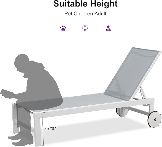 PURPLE LEAF Outdoor Chaise Lounge Set of 4 White Aluminum Lounge Chair Outdoor with Wheels Five-Position Adjustable Patio Lounge Chair for Pool Deck Yard, Bluish-Gray