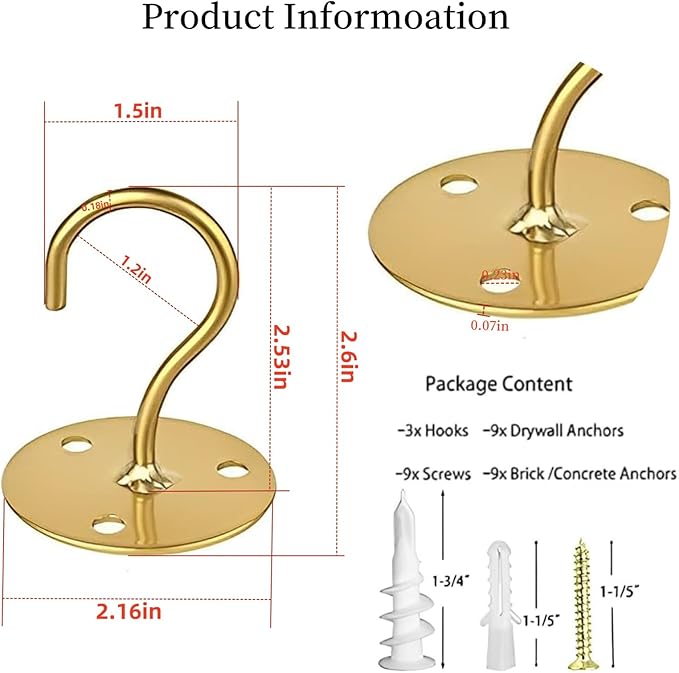 Ceiling Hooks for Hanging Plants-Metal Heavy Duty Wall Mounted Hangers for Hanging Bird Feeders, Planters, Wind Chimes, Include Professional Drywall Anchors (3-Pack) (Gold)