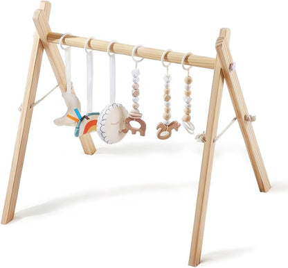 little dove Foldable Wooden Play Gym with 6 Toys - Infant Activity Gym for Baby Girls and Boys with Hanging Bar - Montessori Newborn Gift