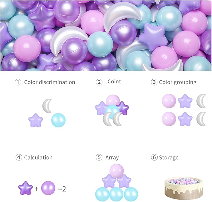 GOGOSO Ball Pit Balls Stars Moon Shapes Plastic Pitballs for Toddler Play Tent Baby Photo Props Kids Pool Water Toys Kiddie Pool Party Decor, Pearl Pink+Pearl Purple+Pearl Light Blue,100PCS