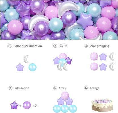 GOGOSO Ball Pit Balls Stars Moon Shapes Plastic Pitballs for Toddler Play Tent Baby Photo Props Kids Pool Water Toys Kiddie Pool Party Decor, Pearl Pink+Pearl Purple+Pearl Light Blue,100PCS