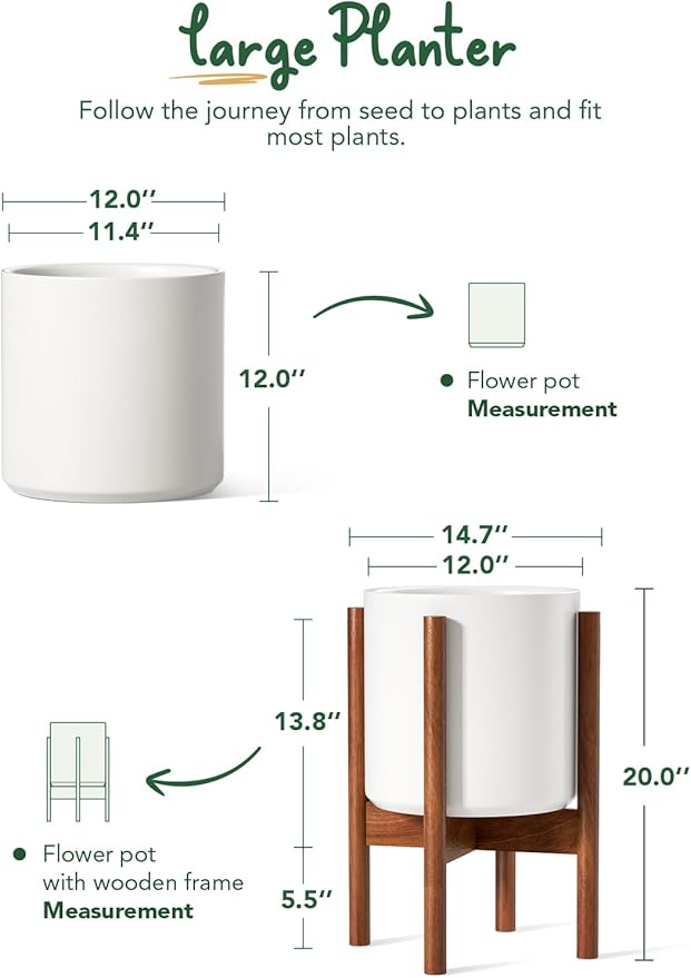 LE TAUCI 12 Inch Plant Pot with Acacia Wood Stand, Large Ceramic Planter for Indoor Plants, Mid-Century Modern Home Decor, Round Flower Pot with Drainage Hole and Adjustable Plant Stand, White
