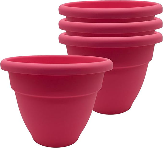 The HC Companies Caribbean Planter Pot - Outdoor & Indoor Plant Pot with Drainage Hole & Plug - Rolled Rim Plastic Pots for Plants & Flowers - Decorative Plant Pot (6" Pink Rose, Pack of 4)