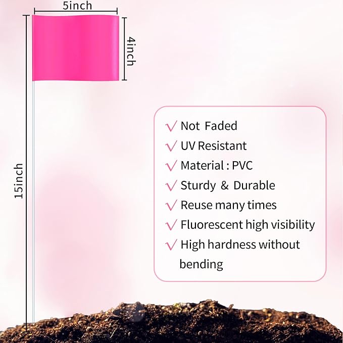 Zozen 50Pack Fluorescent Pink Marking Flags, Writable/15x4x5 Inch, Yard Flags for Lawn & Irrigation & Landscape & Sprinkler & Survey & Dog Training.