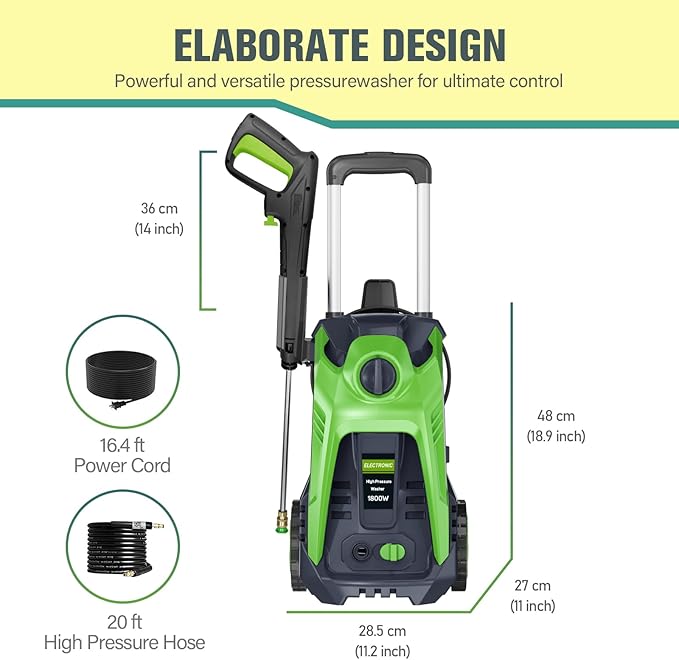 Pressure Washer with 25 FT Hose, 16.4 FT Power Cord, Soap Tank Car Wash Machine Green