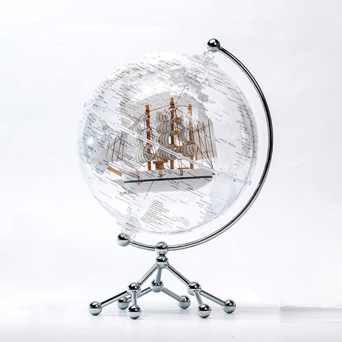 White Earth Globe (Diam. 20 cm/7.9 inches), Desktop Night Light, World Map, Sailboat, Warm White Light