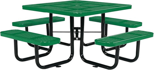 Global Industrial 46" Square Picnic Table, Perforated Metal, Green Thermoplastic Coating, Attached Benches, 1-1/2” Umbrella Pole Hole, Outdoor-Rated, 1200 lb Capacity