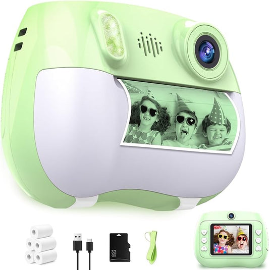 Kids Camera Instant Print 1080P Front Rear Dual Selfie - Toddler Cameras with Digital Video Games,32GB & 5-Color Print Paper/ 250 Photos,Easy to Use & Great Toys Gifts for Boys Girls, Ages 3-12 Green