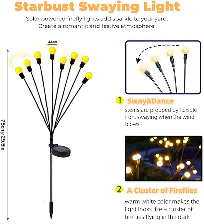 Firefly Garden Lights Solar Outdoor - 80 LED Solar Firefly Lights Outdoor Waterproof, Yard Patio Decoration Solar Powered Firefly Lights, Warm White 10PCS