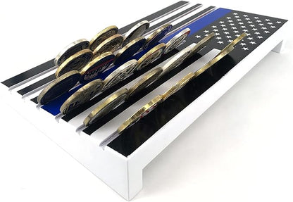 6-Row American Flag Challenge Coin Display Stand - Thin Blue Line, Holds 42-46 Coins