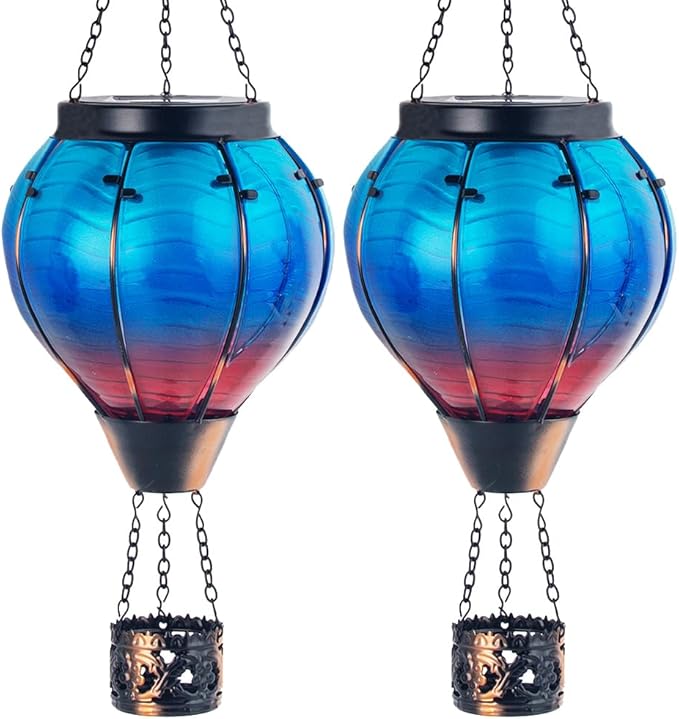Starsoul 2 PC Blue Hot Air Balloon Solar Lantern Glass Solar Hot Air Balloon Flickering Flame Hanging Garden Light Waterproof Garden Yard Farmhouse Decor