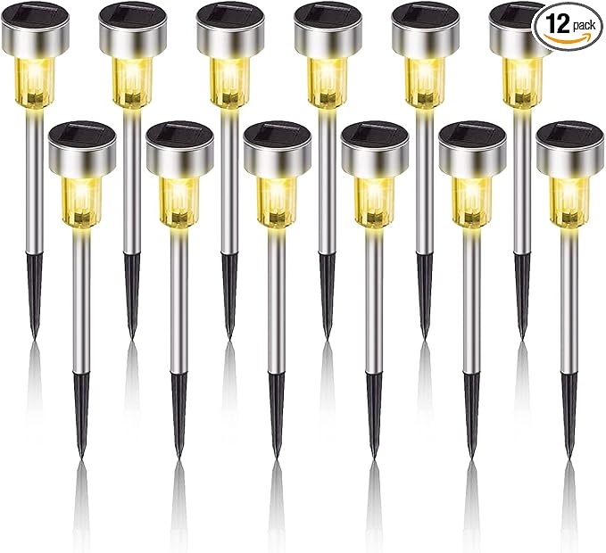 Solar Lights Outdoor Waterproof, Stainless Steel LED Landscape Lighting Outdoor Solar Lights for Outside Solar Garden Lights for Pathway, Walkway, Patio, Yard, Lawn - 12 Pack (Warm White)