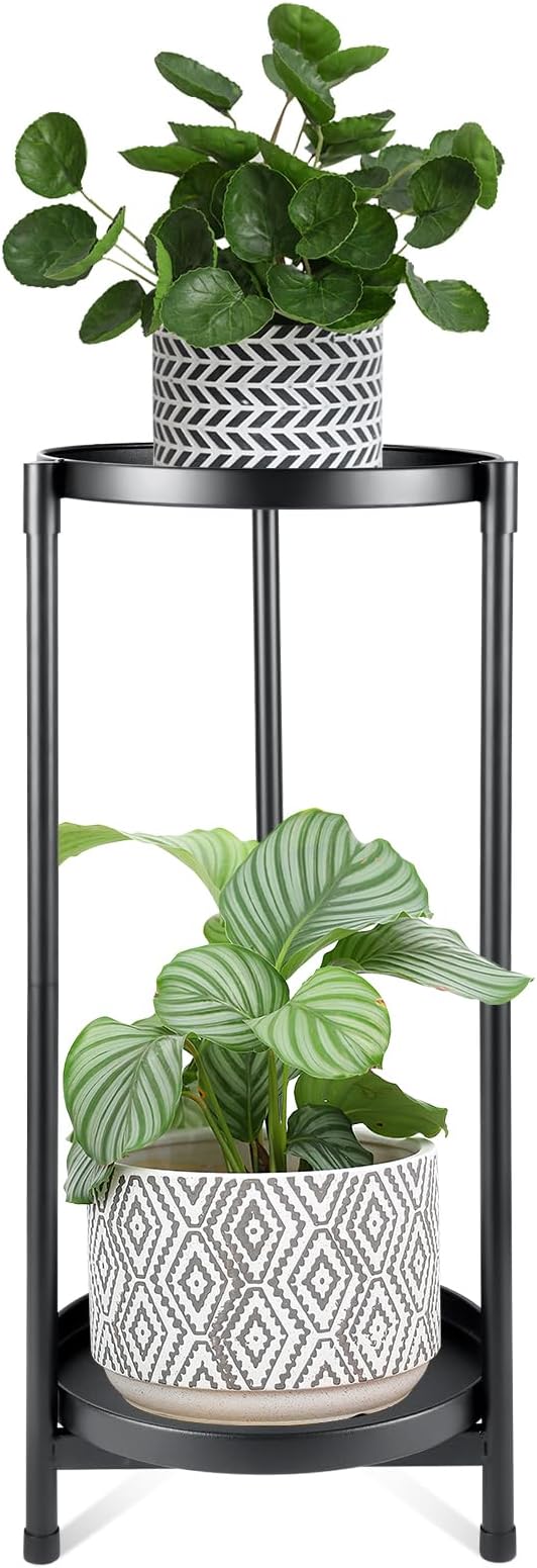 Metal Plant Stand Indoor Outdoor,2 Tier Black Tall Corner Flower Pot Holder Stands,Multiple Tiered Wrought Iron Planter Shelves for Patio Living Room Balcony Office (2 tierd)