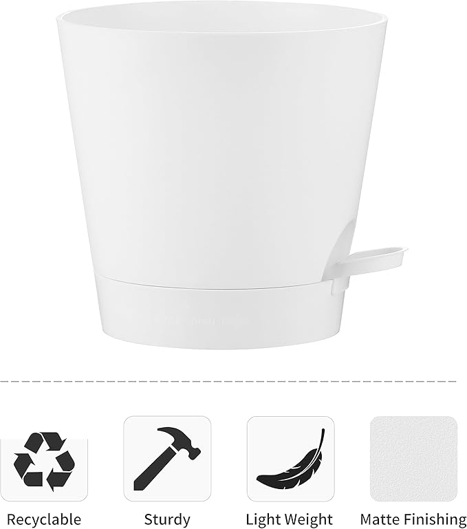 FaithLand 2-Pack 9 Inch Planter Pots for Indoor Outdoor Plants, Self Watering Flower Pots with Deep Reservoir, White …