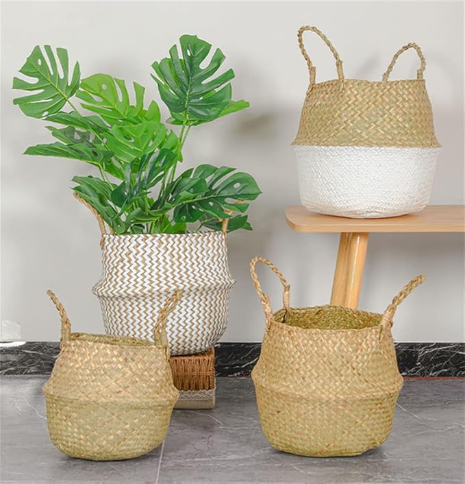 DOKOT Seagrass Plant Basket with Handles, Woven Storage Basket, 7inch Diameter x 8inch Height