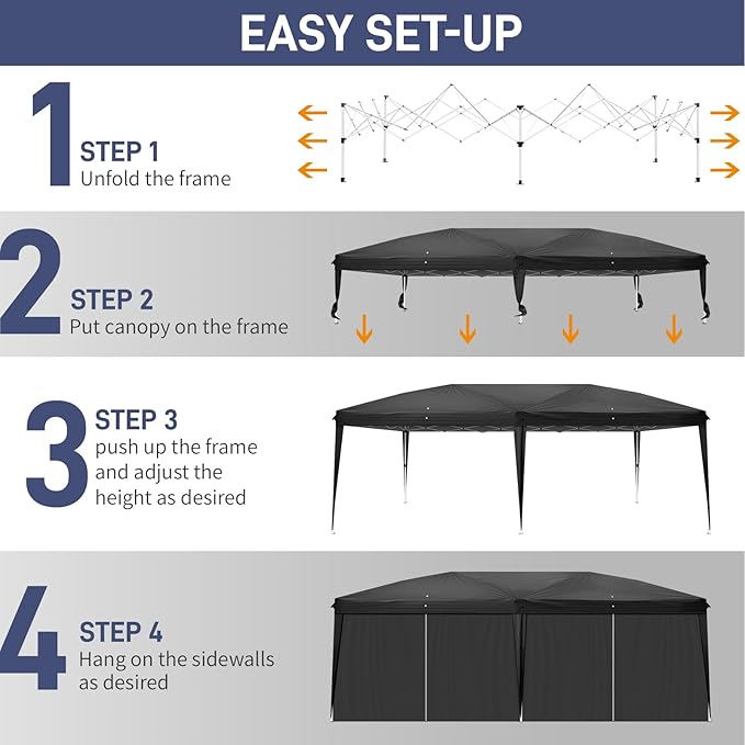 Outvita 10x20ft Pop Up Canopy Tent, Outdoor Instant Shelter Folding Canopy with 6 Side Walls and Carry Bag for Commercial Events, Party, Backyard BBQ, Camping Black
