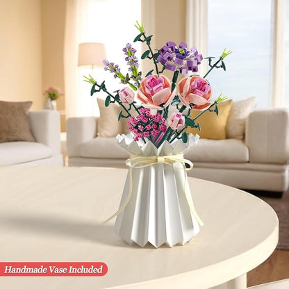 Flower Bouquet Building Blocks Artificial Pink Rose with Paper Vase Botanical Collection Bricks Sets Kits Christmas X'Mas Valentine Gifts Birthday Creative Gifts for Adults Girlfriends(413PCS)