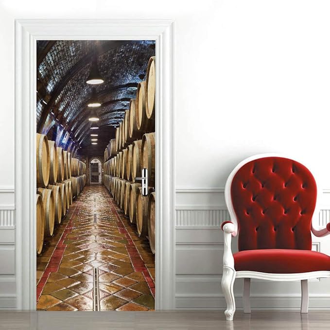3D Door Stickers Murals Peel and Stick - Wine Cellar Wallpaper Self-Adhesive Decals - Removable PVC Waterproof Poster for Bedroom Living Room 37.4" x 82.7"