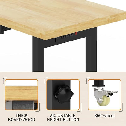 60" Adjustable Height Workbench, Heavy-Duty Work Bench Table with Locking Wheels, Portable Chipboard Work Table with Drawer & Power Outlets, for Repair Shop, Garage, Workshop, Office