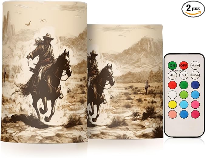 Western Desert Cowboy Flameless Candles with Remote Control and Timer, Adjustable Brightness Long Lasting Battery Operated LED Pillar Candles for Indoor Outdoor Party Home Decor, 2 Pack