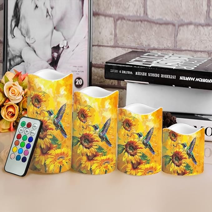 Ystardream Flameless Candle Valentine Candles Hummingbird Unity Candles for Wedding Ceremony Set with Remote and Timer Battery Operated Realistic LED Window Candles Dinner Wedding Sunflower Print