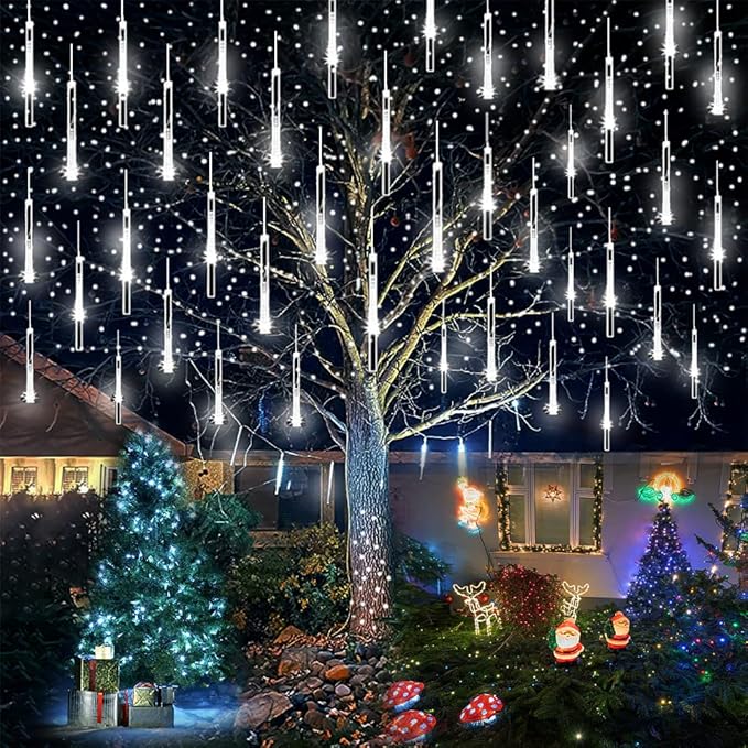 Christmas Lights Outdoor, 12 Inch Led White Meteor Shower Lights, Christmas Decorations Indoor Outdoor for House Party Holiday, Icicle Decor for Tree Xmas Outside Yard, UL