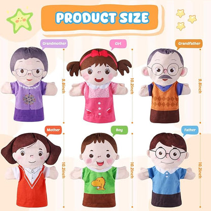 6 Pcs Family Hand Puppets 10 Inch Grandparents, Mom & Dad, Brother & Sister Plush Hand Puppet Toys Role-Play Toy Puppets for Kids Storytelling Imaginative Pretend Play Teaching Preschool(6 Family C)