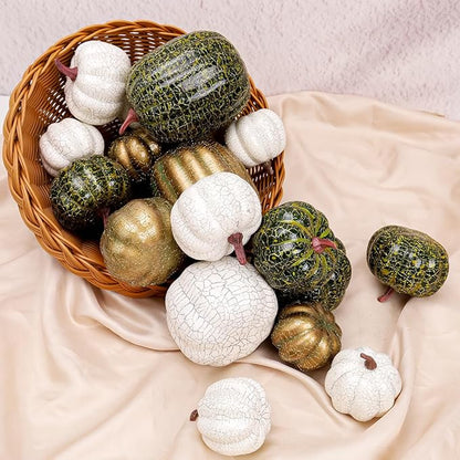 9 Pcs Pumpkins for Decorating,Fall Decorations,Artificial Foam Pumpkin for Autumn Harvest Thanksgiving Halloween Table Decor (Green&White&Gold)