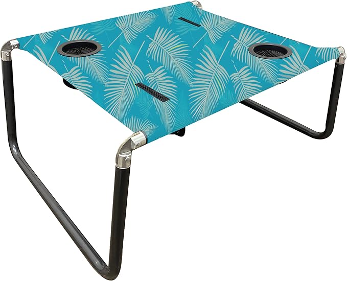 Neso Portable Beach Table with Cup Holders, Cell Phone Pockets, Lightweight for Picnics and Parks (Aqua Fronds)