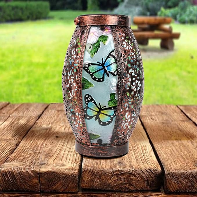 Butterfly Solar Lanterns Glass & Metal Hanging Light Outdoor Waterproof Tabletop Lamp with Hollowed-Out Design for Garden Patio Table Decor