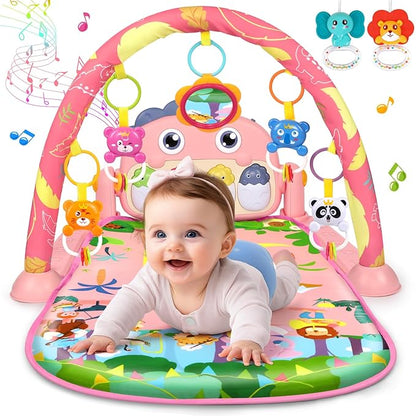 UMIKU Baby Play Mat Baby Tummy Time Mat Activity Center for Newborn Infant Piano Play Gym Mat Music & Light Babies Gifts Boy Girl for Babies 0-6 6-12 Months, Pink Dinosaur