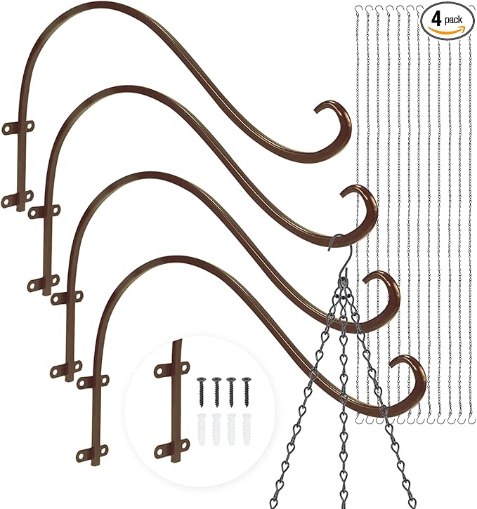Plant Hangers Outdoor, 4 Pack 12 Inch Plant Hooks for Wall Metal Plants Hanging Bracket for Bird Feeder, Flower Baskets, Wind Chimes, Lanterns, Indoor Outdoor, Bronze