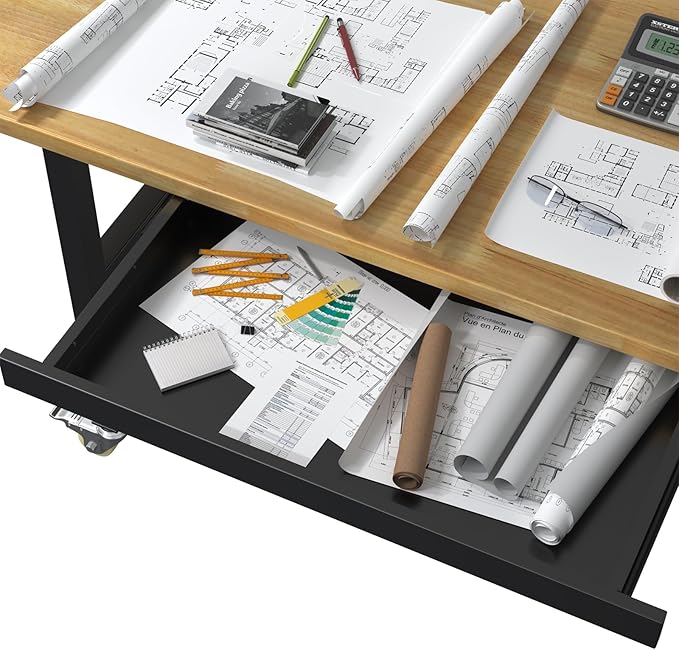60" Adjustable Workbench with Drawer, Movable Heavy-Duty Workstation with Locking Wheel, 2000 LBS Worktable with Power Outlets, Wooden Work Bench for Garage, Workshop, Office