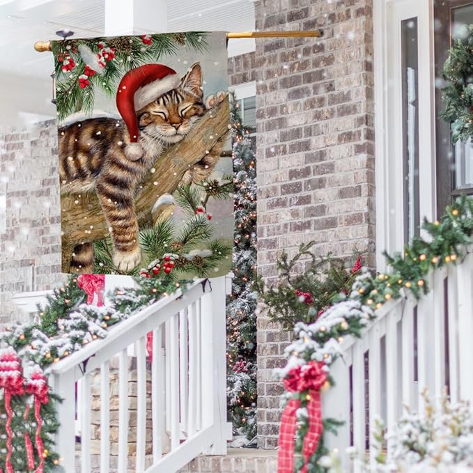 BLKWHT Winter Cat House Flag 28 x 40 Vertical Double Sided Christmas Holiday Outside Decorations Burlap Yard Flag BW738-40