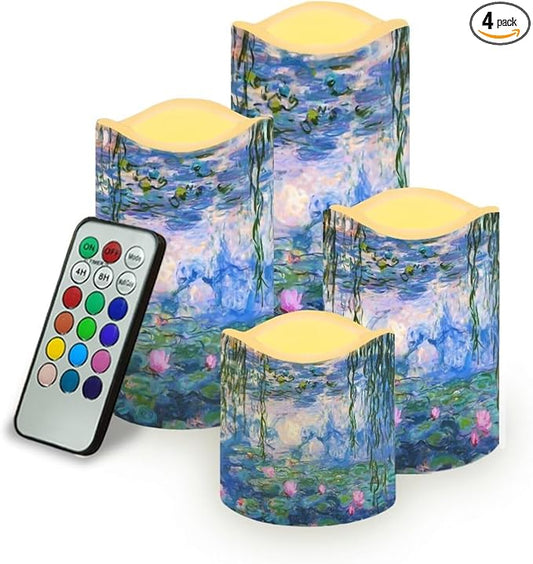 Ystardream Monet's Water Lily Flameless Candles with Timer Led Candles Flickering 4 Candle Sets for Home Decor,18 Key Remote Control，Dancing Flame, True Wax, Battery Powered.