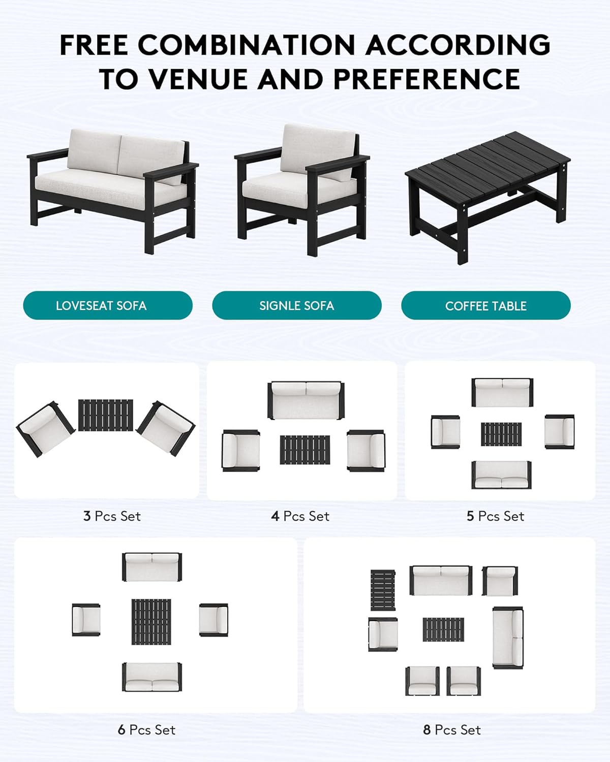 SERWALL 8 Pieces HDPE Outdoor Conversation Sofa Set with Cushions, All Weather Use Patio Couch Loveseat Furniture with Side Table for Balcony, Deck, Poolside, Black Frame with Khaki Cushions