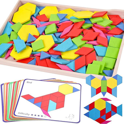 3 otters Wooden Pattern Blocks Shapes for Kids, Geometric Tangram Puzzle with Activity Cards, 150 PCS Educational Toy
