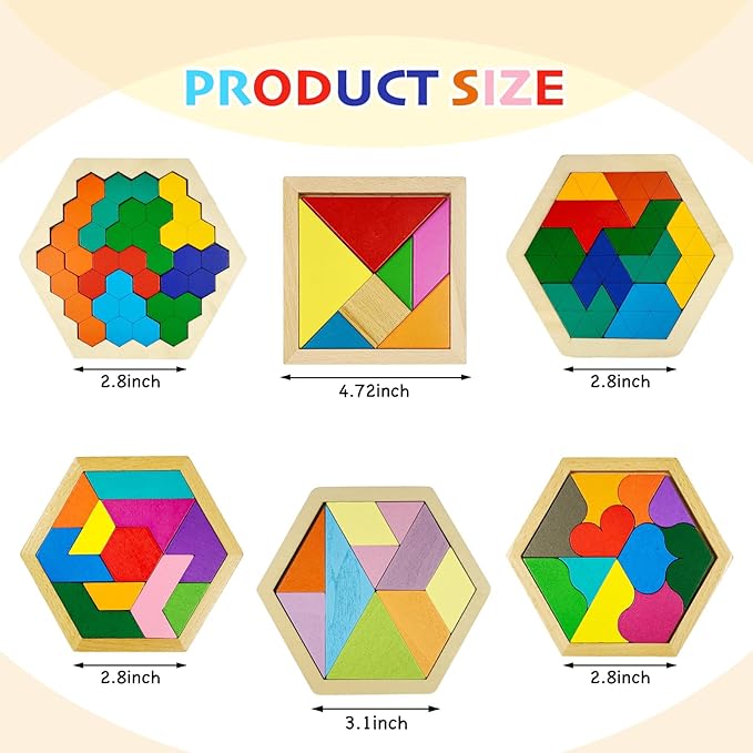 6 PCS Wooden Tangrams Puzzles for Kids, Wooden Hexagon Toddlers Puzzles Block Geometric Brain Teaser Wood Puzzle Tangram Logic IQ Toy Gifts for All Ages Boys Girls Adults Intelligence