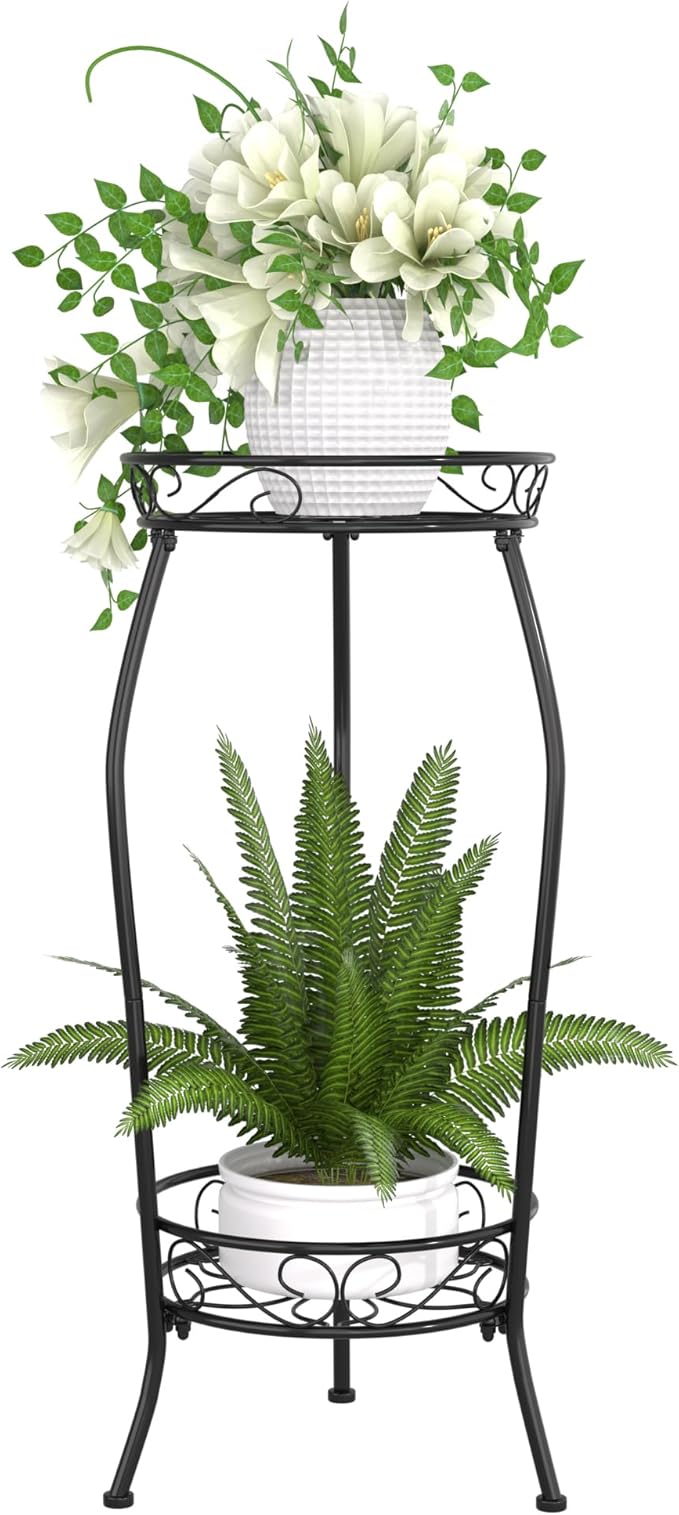 VECELO 2 Tier Metal Outdoor Plant Stand Indoor, Rustproof Stable 19.3” Iron Flower Stand, Decorative Multiple Heavy Duty Plant Holder, Black