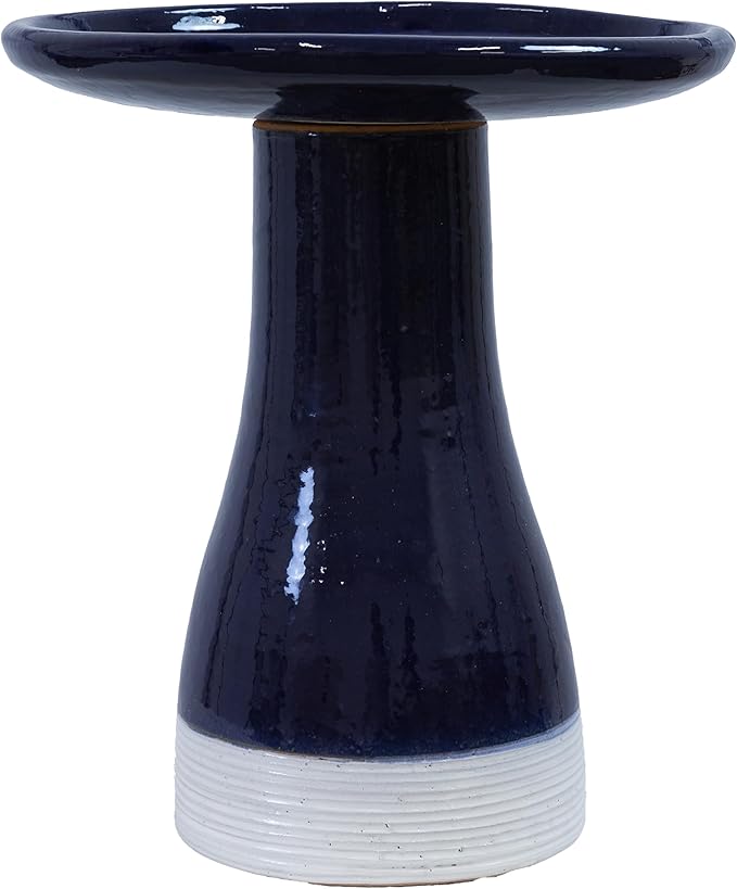 Sunnydaze 21" H Ceramic Bird Bath for Outside - Hand-Painted Outdoor Bird Bath Bowl, UV/Frost-Resistant Finish - Midnight Blue - Ribbed Pedestal